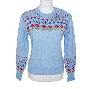 Vintage Y2K Womens Floral Knit Pullover Sweater Baby Blue Cuff Sleeve Warm Sz L